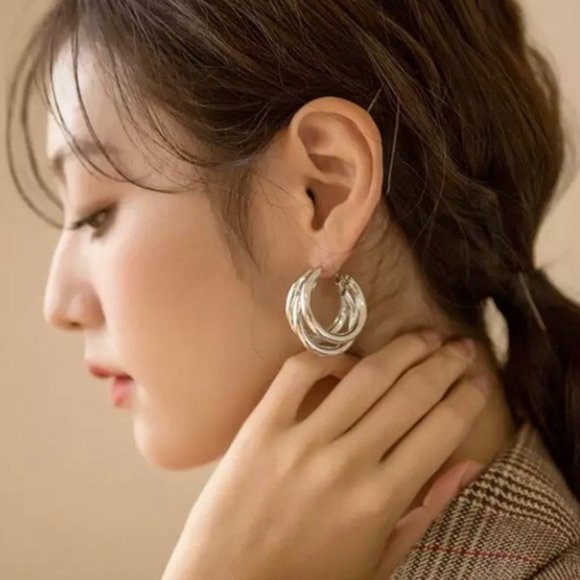 NEW 925 Silver Three Layer Round Hoop Earrings - Picture 4 of 4